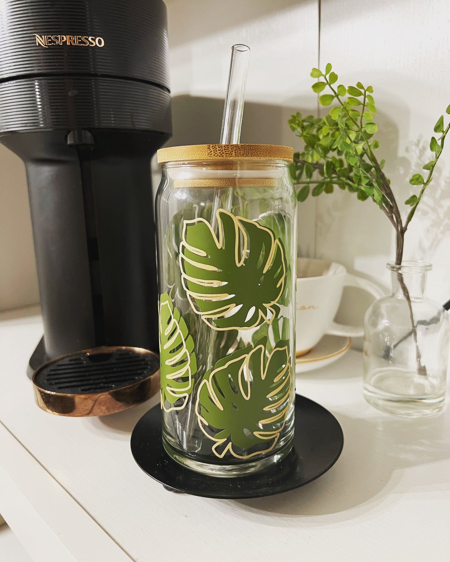 Monstera Leaf Coffee Glass Can