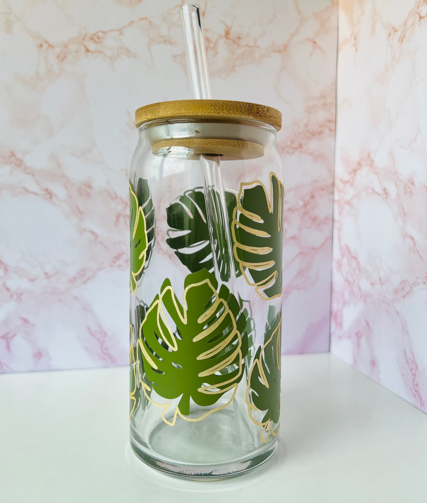 Monstera Leaf Coffee Glass Can